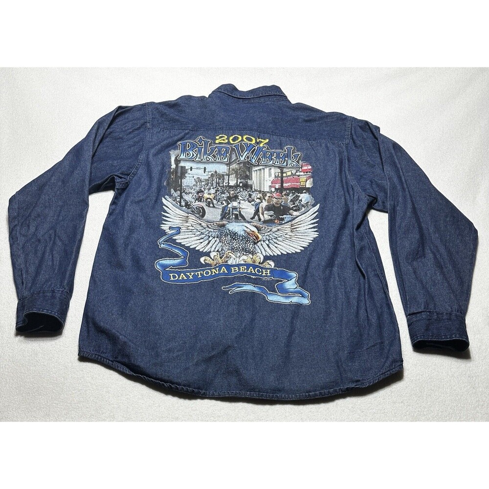 Vintage Daytona Beach Bike Week 2007 Denim Button Shirt Long Sleeve Size XL